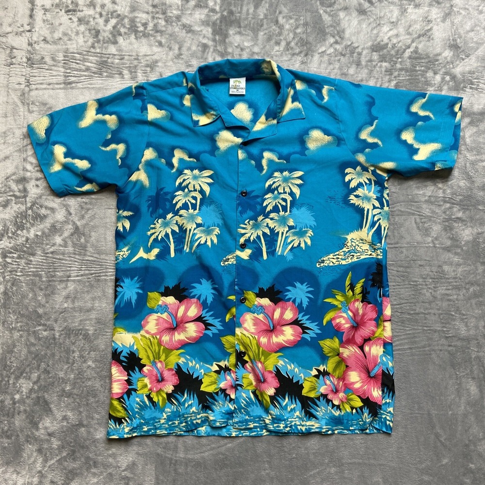 Island Shirtworks Button Down Shirt Mens Medium Blue Tropical Hibiscus Floral